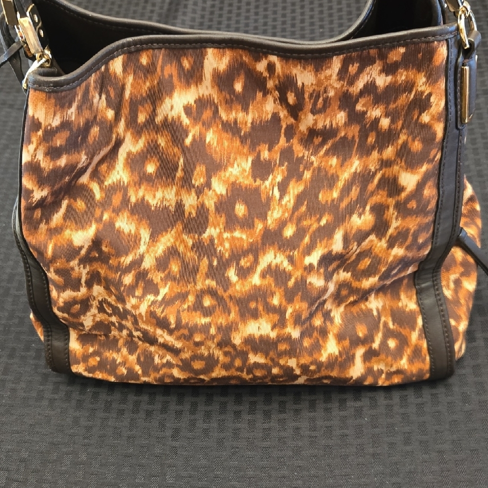 Coach Leopard Print Shoulder Bag Brown Tan Animal Print Tote Purse Leather Trim - Picture 5 of 16